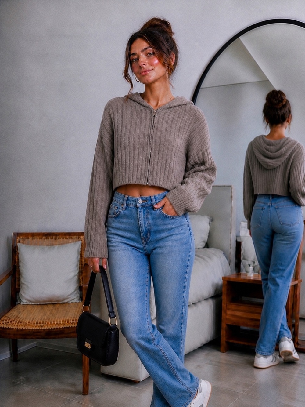 Women's Hooded Rib-Knit Sweater - Taupe